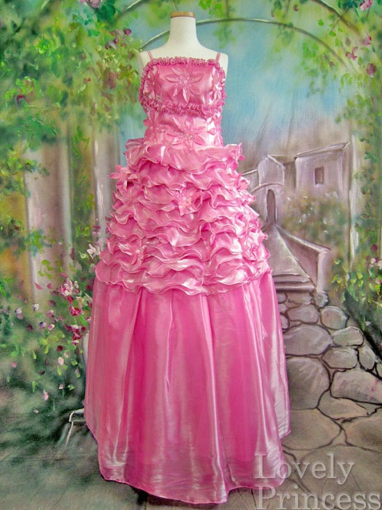 【パーティードレス・ステージドレスロング】段々メローフリルビーズ刺繍フラワー豪華姫ドレス　ピンク