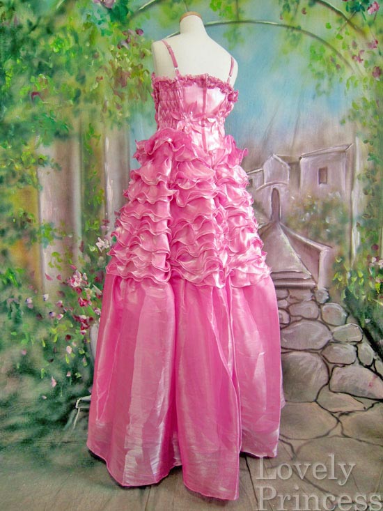 【パーティードレス・ステージドレスロング】段々メローフリルビーズ刺繍フラワー豪華姫ドレス　ピンク