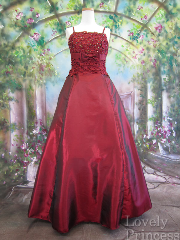 フォーマルドレス　フラワースパンコール装飾ロングドレス　バーガンディ
