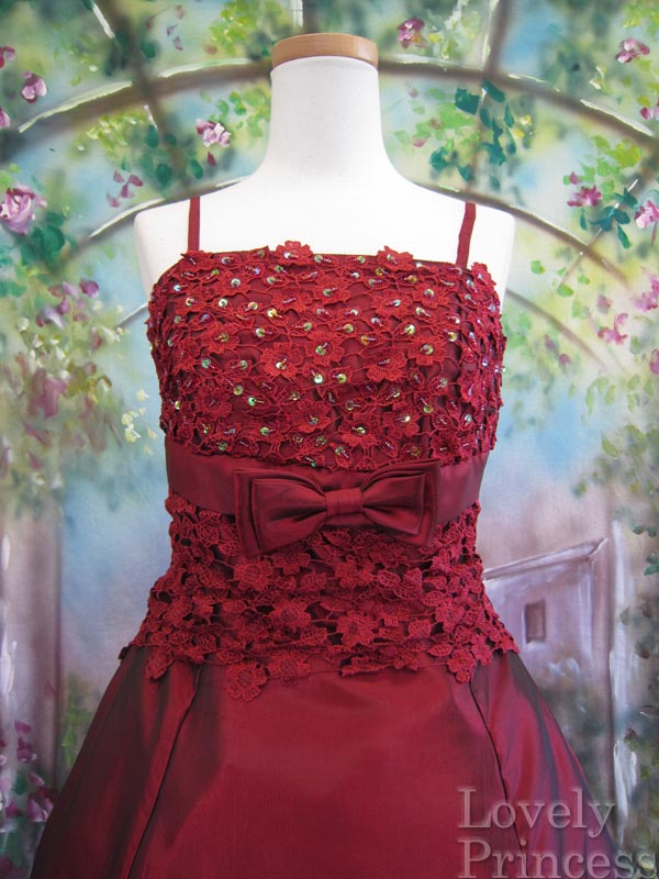 フォーマルドレス　フラワースパンコール装飾ロングドレス　バーガンディ