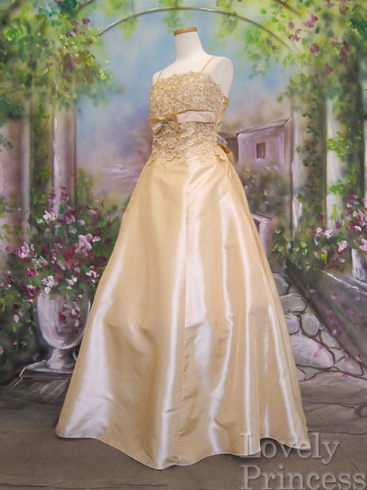 【パーティードレス・ステージドレスロング】フラワースパンコール装飾ロングドレス　シャンパンゴールド