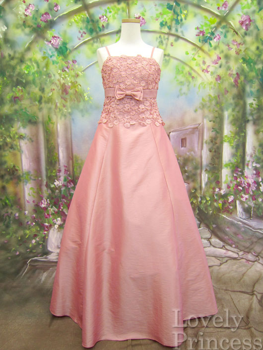 【パーティードレス・ステージドレスロング】フラワースパンコール装飾ロングドレス　ローズピンク