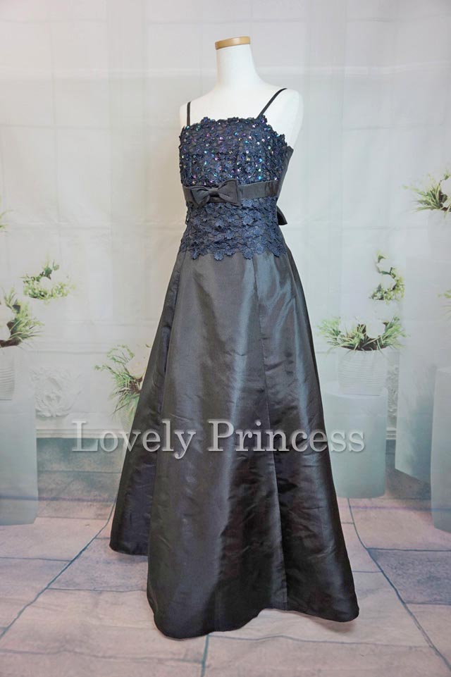 【パーティードレス・ステージドレスロング】フラワースパンコール装飾ロングドレス　ブラック(ID2675)