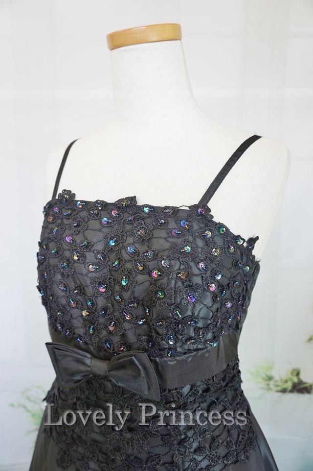 フォーマルドレス　フラワースパンコール装飾ロングドレス　ブラック(2676)
