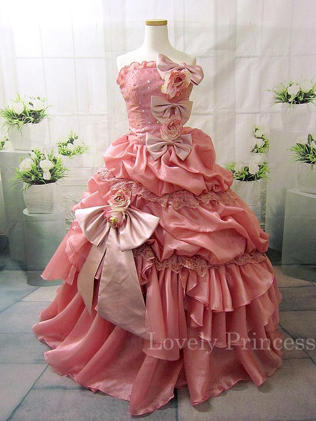 ステージ衣装・結婚式に！ローズピンクのエレガントなプリンセスロング